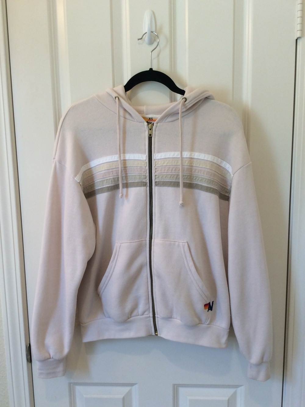 Aviator Nation Light Beige Full-Zip Hoodie with Multi-Stripe Chest - Women’s XS